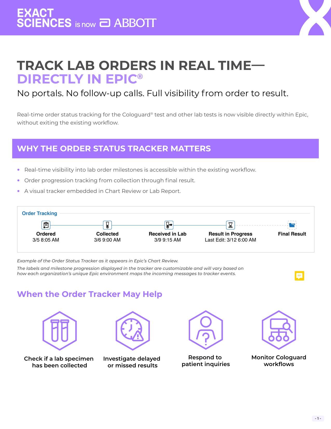 Cologuard Epic Order Status Tracking two-pager cover.